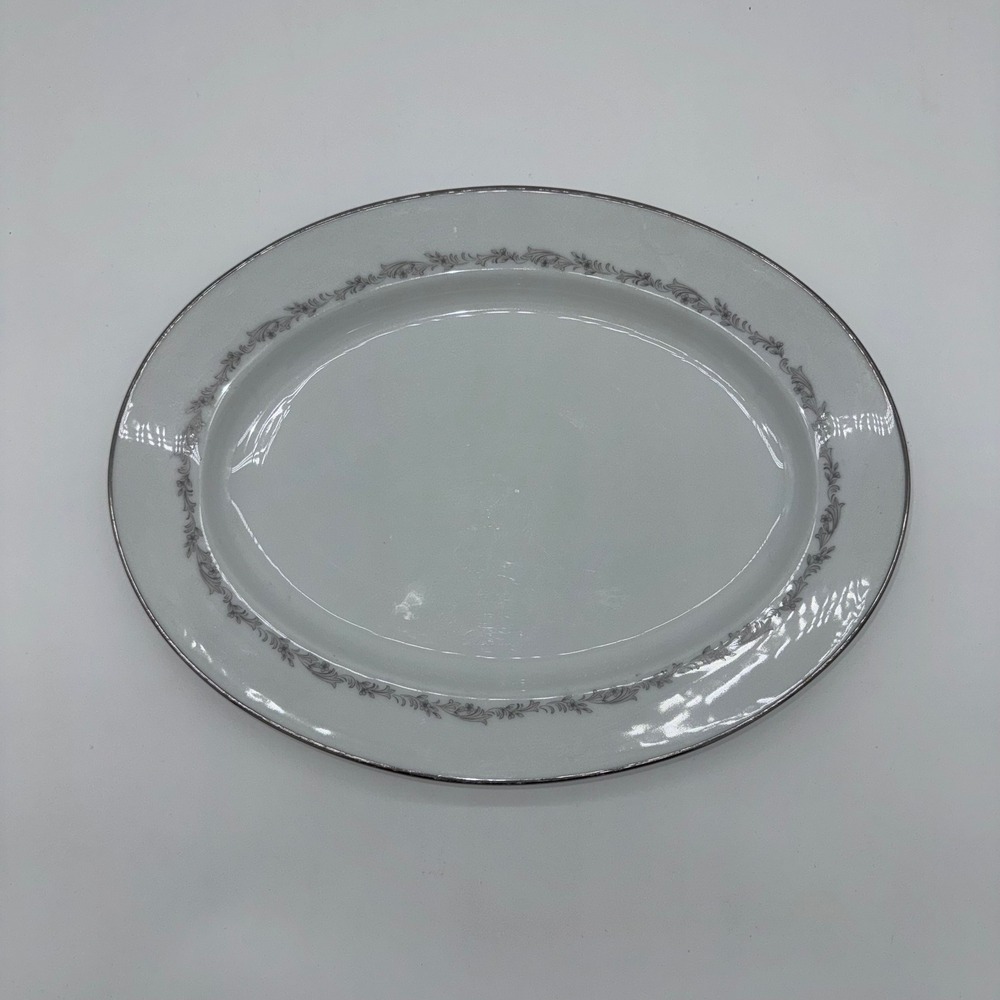 Noritake Crestmont Japan 6013 Oval Serving Platter Silver Floral Plate Dinnerwar